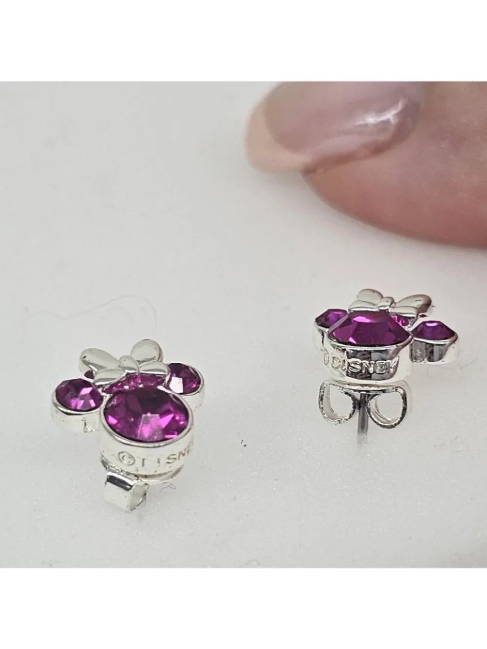 Disney Minnie Mouse Post Stud Earrings JCM Brass Silver Tone Pink Crystals
